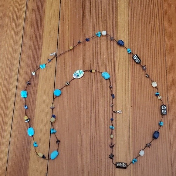 Very long Turquoise stone/bead necklace. Colors are Blue, Brown, Cream. - Picture 3 of 3